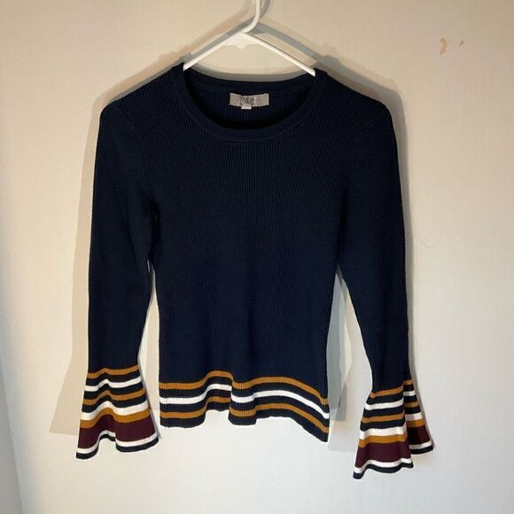 Marled Bell Sleeve Ribbed Contrast Sweater, M, Navy - Picture 3 of 14